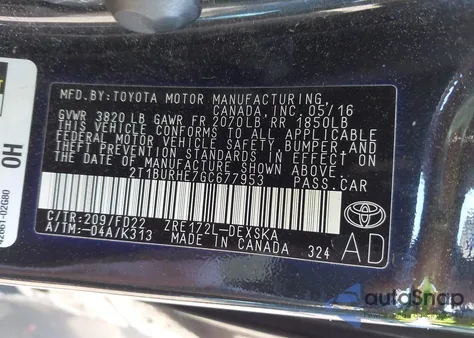 2016 Toyota Corolla S Plus from USA, damaged, VIN 2T1BURHE7GC677953